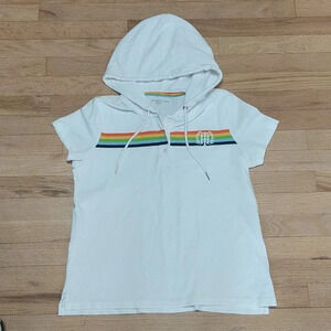 Tommy Hilfiger Hooded Polo Shirt White Multicolor Stripe Short Sleeve M Y2K